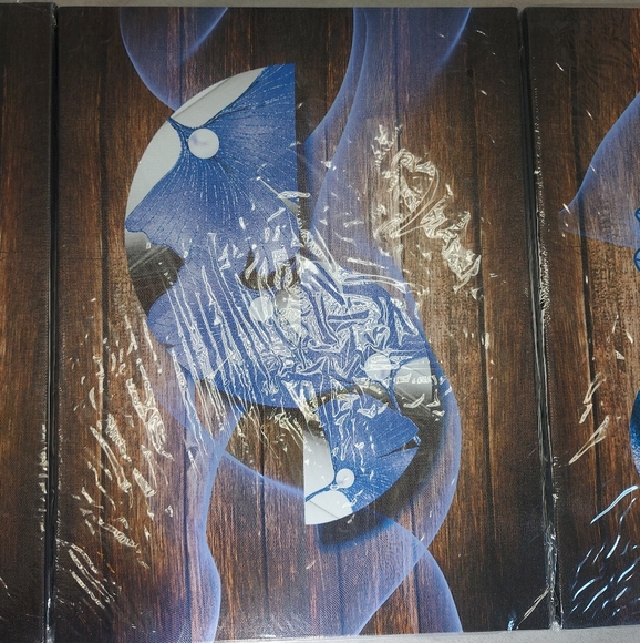 NIP Canvas Print Artwork Set x3, Blue Flowers on Barnboards, 12" x 16" - Picture 3 of 7